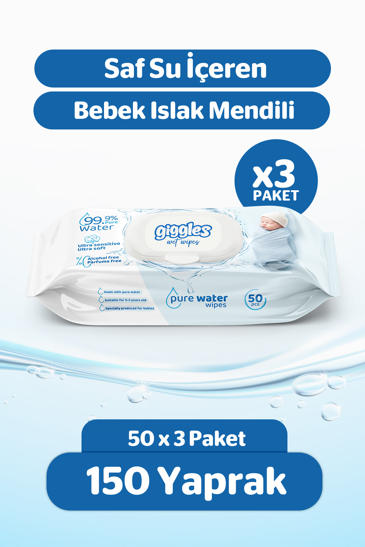 Giggles Pure Water Bebek Islak Havlusu %99 Saf Su Mendil 3 paket 150 Adet