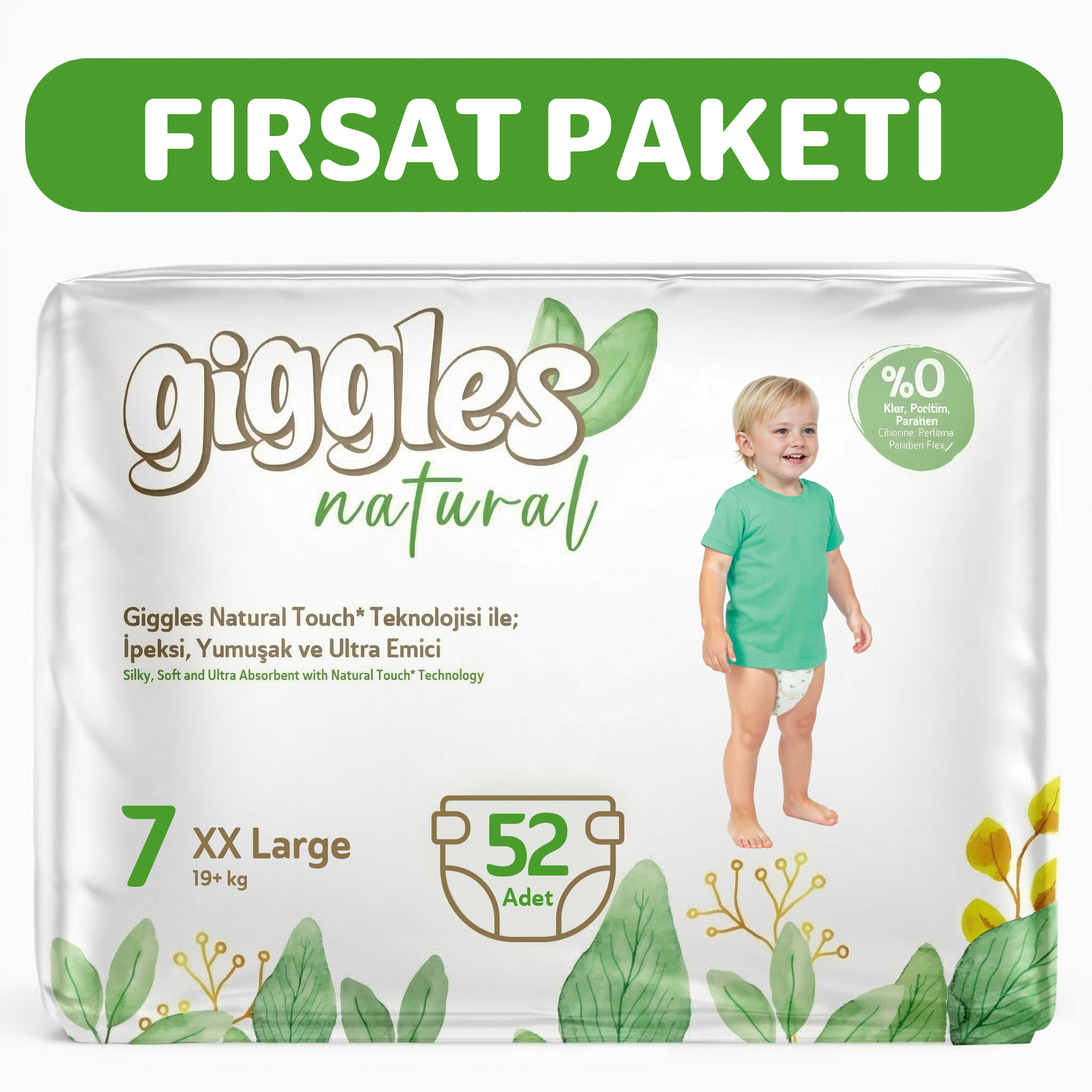 Giggles Natural Jumbo 7 Numara Pamuklu Bebek Bezi 52 Adet