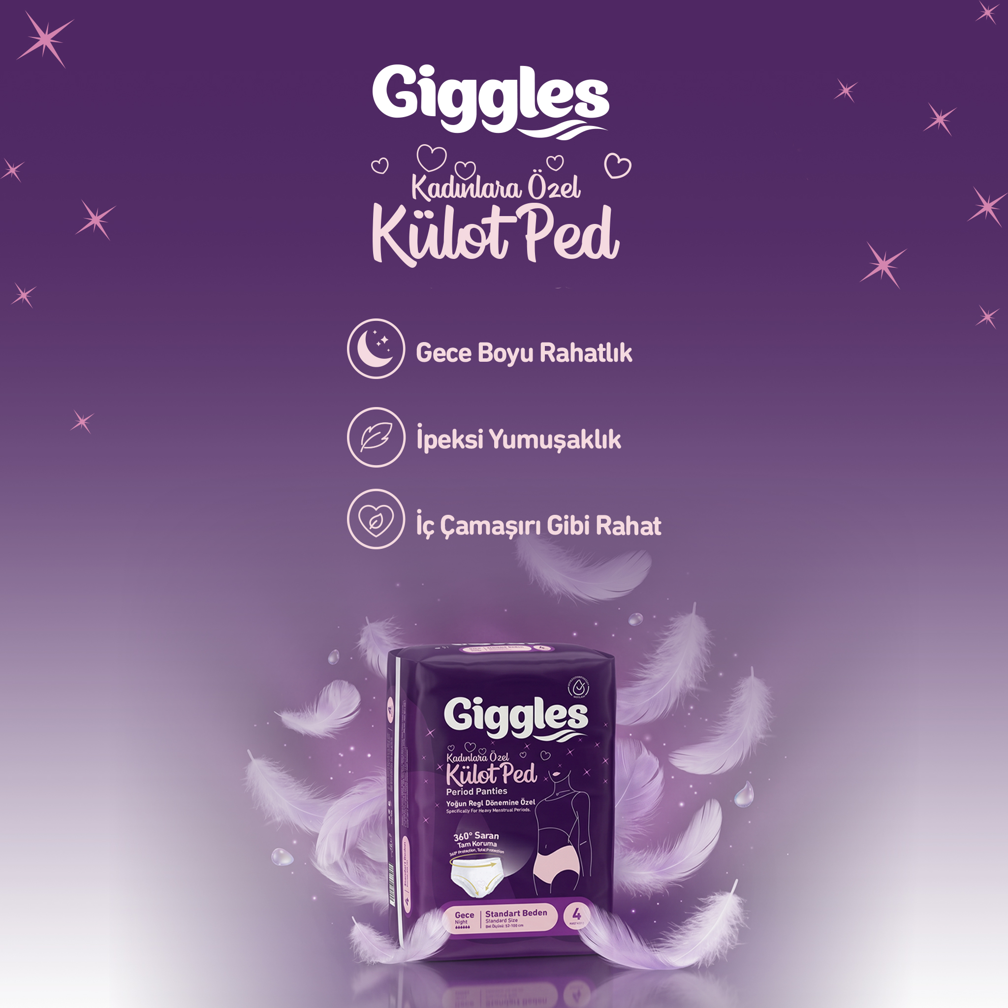 Giggles Külot Ped (Regl Gece Külodu) Bel Ölçüsü 52-100 cm Standart Beden 10 Paket 40 Adet