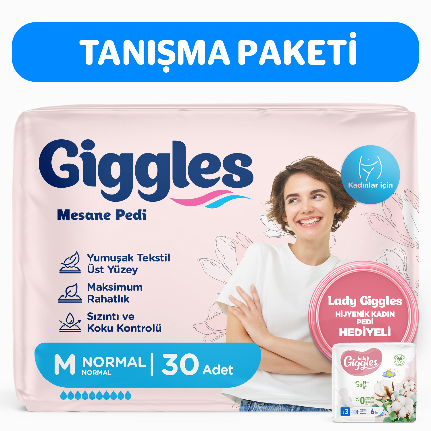 Giggles Kadın Mesane Pedi  Medium  30 Adet - Lady Giggles Hijyenik Ped ( Gece) Hediye'li