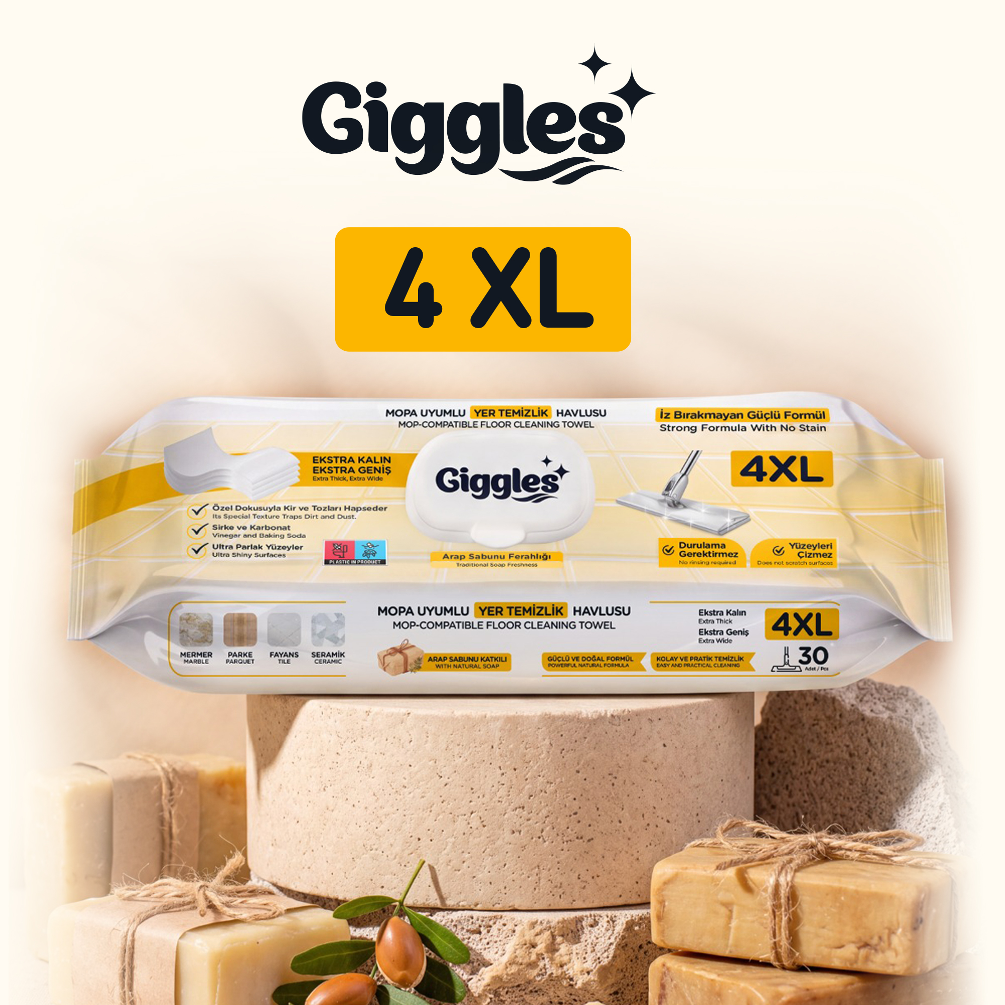 Giggles Mopa Uyumlu Yer Temizlik Havlusu 8 Katlı 4XL Arap Sabunu Katkılı 6 Paket 180 Adet Havlu