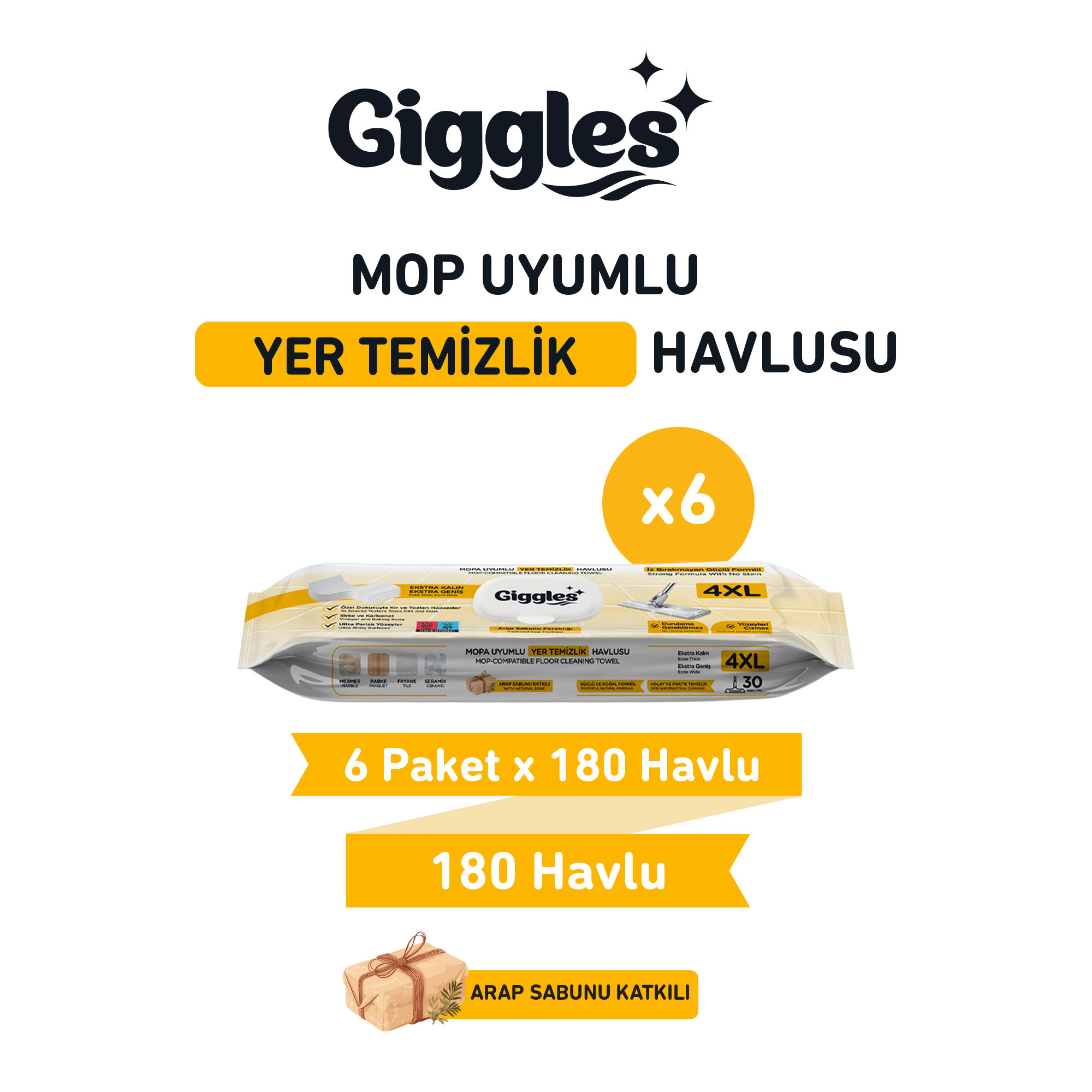 Giggles Mopa Uyumlu Yer Temizlik Havlusu 8 Katlı 4XL Arap Sabunu Katkılı 6 Paket 180 Adet Havlu