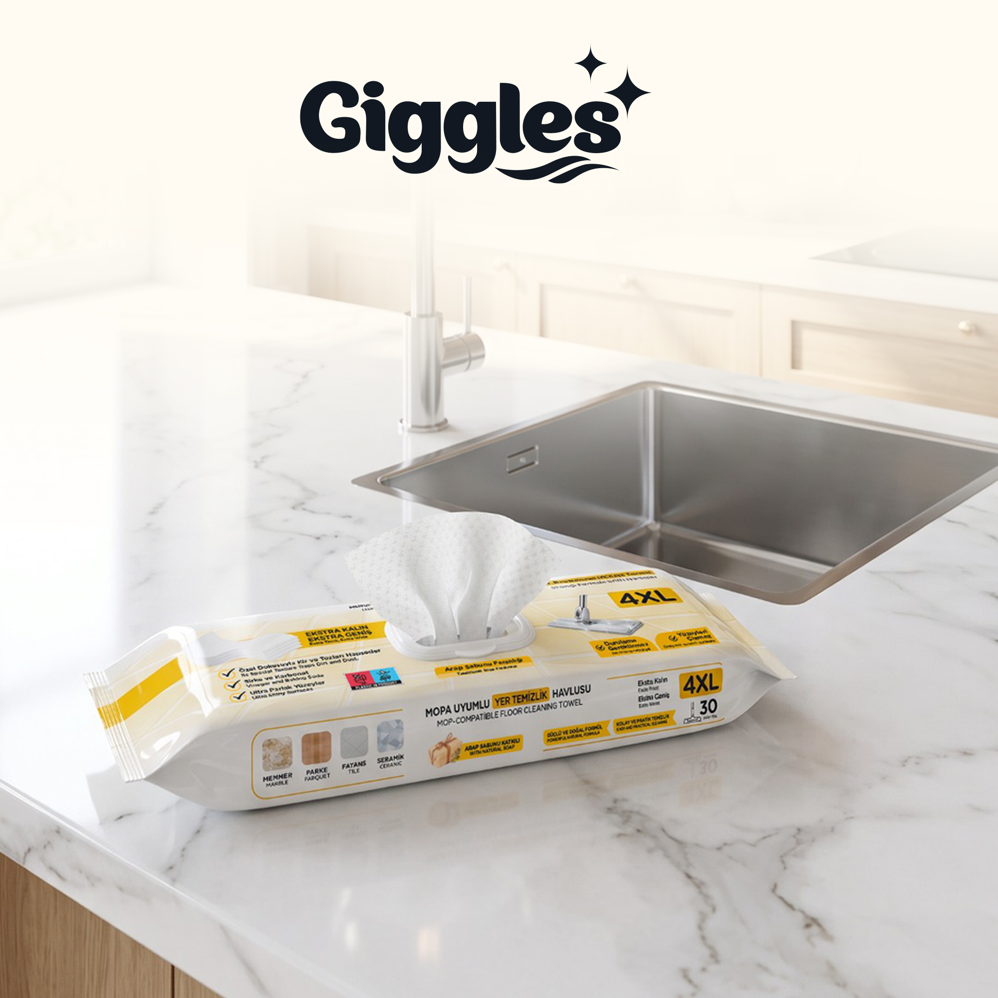 Giggles Mopa Uyumlu Yer Temizlik Havlusu 8 Katlı 4XL Arap Sabunu Katkılı 6 Paket 180 Adet Havlu