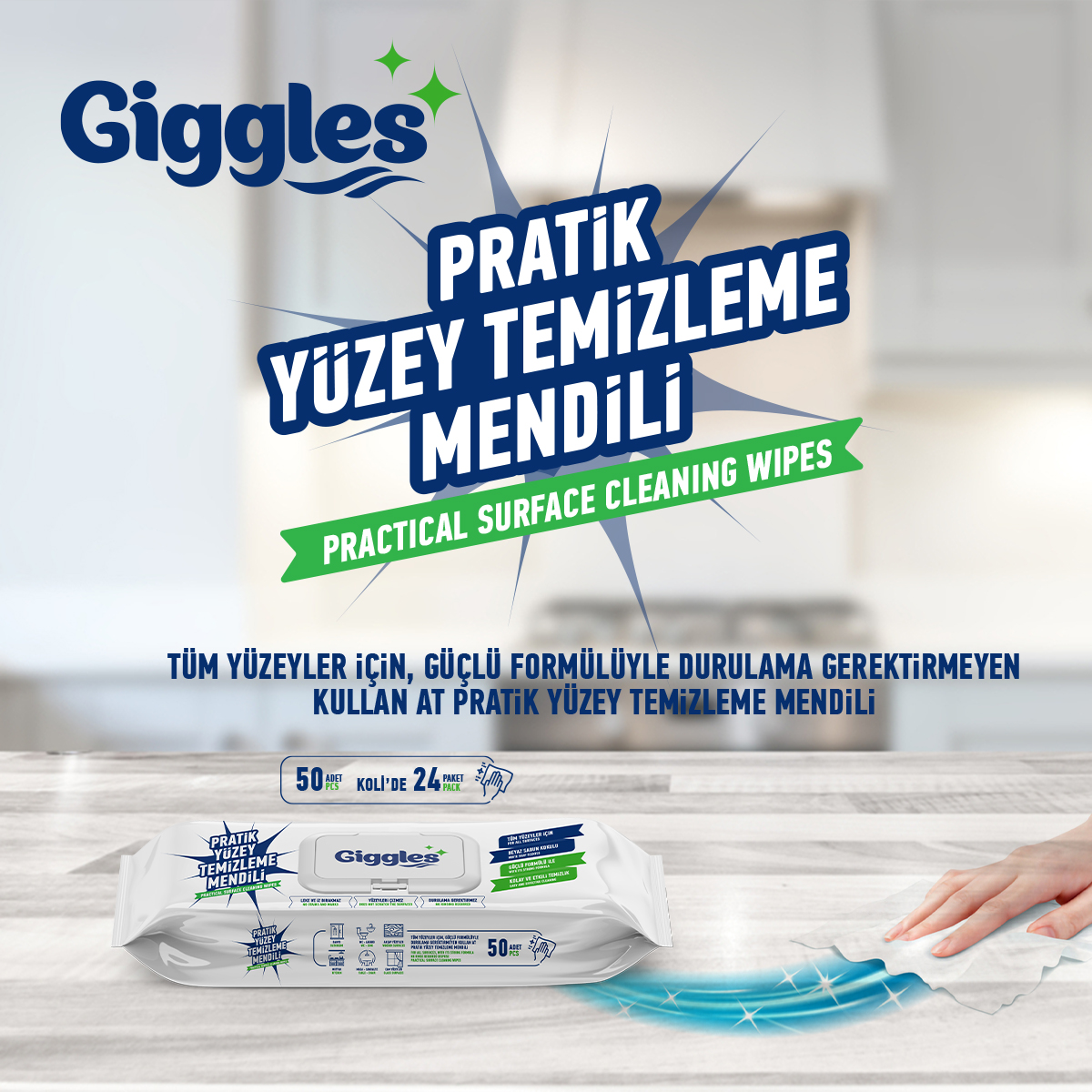 Giggles Pratik Yüzey Temizleme Havlusu 50'li 1 Paket 50 Havlu